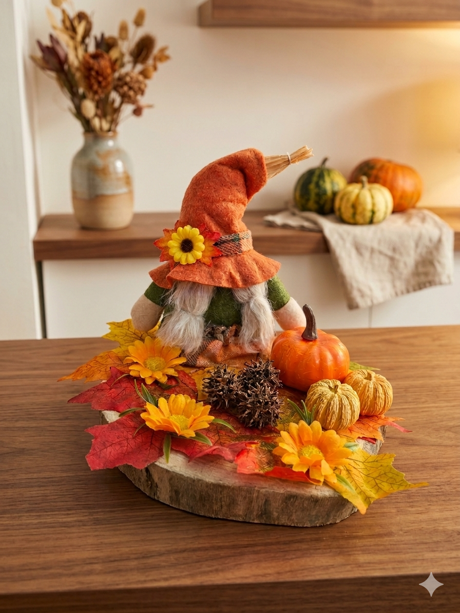 Décoration automnale gnome socle bois